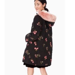 Kate Spade embroidered coat sherpa lining black & pink floral print size medium